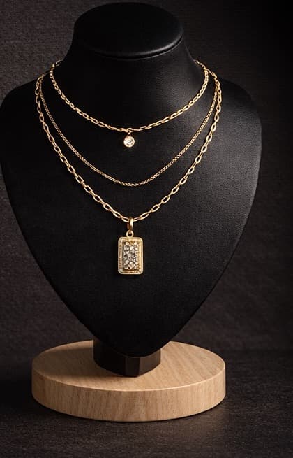 Layered gold chain necklaces on a black display bust